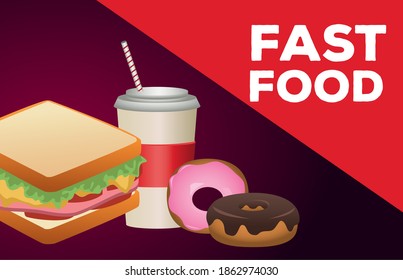 delicious sandwich with soda and donuts fast food icons vector illustration design