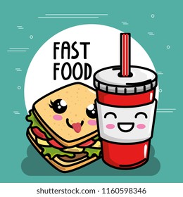 delicious sandwich with soda kawaii character