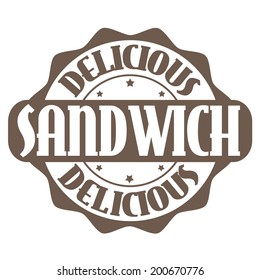 Delicious sandwich stamp or label on white, vector illustration