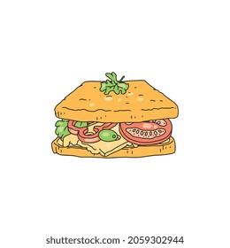 Delicious Sandwich Or Toast With Cheese And Vegetables, Hand Drawn Colorful Vector Illustration Isolated On White Background. Sandwich Snack Bar Menu Item.