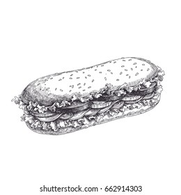 Delicious sandwich with tomatoes, bacon, onion rings and lettuce leaves. Hand drawn illustration with fast food isolated on white background. Vintage sketch style