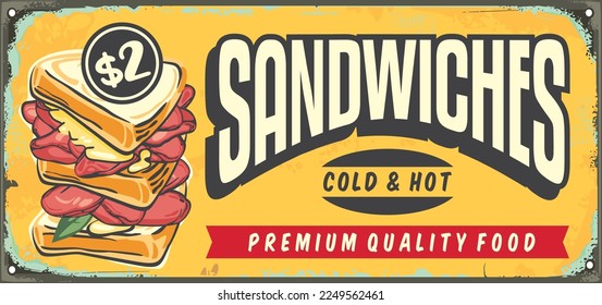 Delicious sandwiches retro yellow sign design layout with creative lettering and sandwich vector graphic. Vintage food and snacks advertisement.