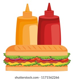 delicious sandwish with sauces bottles