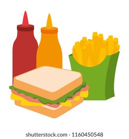 delicious sandwish with sauces and french fries