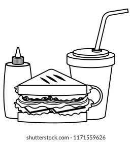 delicious sandwish with soda and bottle ketchup