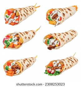 Delicious the sauce flows out shawarma with different fillings wrapped in pita bread kebab isolated on white background 3D for restaurant menu: Wild boar, radishes, persimmons, feta cheese, thyme 