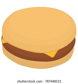 A delicious sausage biscuit sandwich with a slice of American cheese in a simple, cartoon art style.  Matching food and set also available.  Transparent background in vector file.