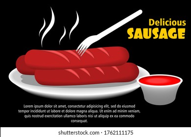 Delicious sausage with a fork and hot chili sauce on dark background.
