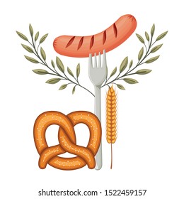 delicious sausage frankfurter in fork with pretzel vector illustration design