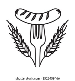 delicious sausage frankfurter in fork with wreath crown vector illustration design