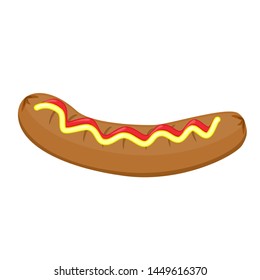 Delicious sausage with ketchup and mustard. Vector illustration on white background.