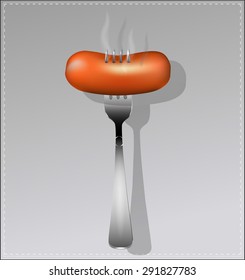 Delicious sausage on a fork. Vector illustration.