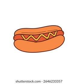 Delicious Sausage in a Soft Bun with Yellow Mustard Topping Vector Art Simple Hotdog Icon for American Fast Food and Casual Snack Illustrations