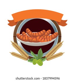 delicious sausages food in dish with barley spikes vector illustration design
