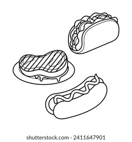 Delicious Savory foods outline line art vector art design. cartoon simple tasty food icon