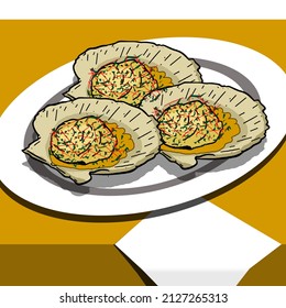 Delicious scallops served on a white plate on a brown table with a piece of tissue