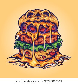 Deliciosa espantosa ilustración de hamburguesas monstruosas ilustraciones vectoriales para tu logotipo de trabajo, camiseta de mercadería, pegatinas y diseños de etiquetas, afiche, tarjetas de felicitación compañía comercial o marcas