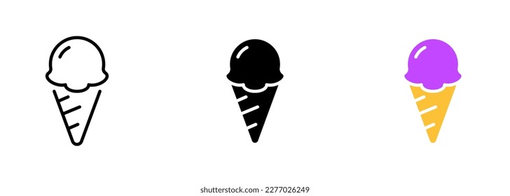 A delicious scoop of creamy ice cream in a crispy waffle cone, topped with colorful sprinkles and a cherry on top. Vector set of icons in line, black and colorful styles isolated.