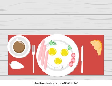 Delicious scrambled eggs, breakfast on a wooden table vector illustration
