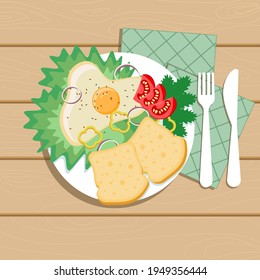 Delicious scrambled eggs with cabbage and dill. White bread slices. Pieces of tomatoes on a white plate. Fork and knife on a napkin. Illustration on wooden background.Cozy vector illustration in flat 