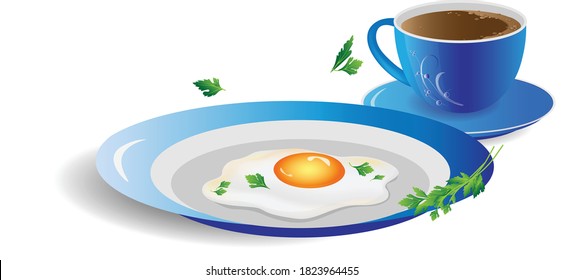 Köstliche Rühreier und Petersilie in einem blauen Teller neben einer schönen Tasse schwarzen Kaffee. Vektorgrafik für Design.