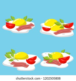 Delicious scrambled eggs with yolk. A nutritious and healthy Breakfast. Simple cooking with tomato, bacon and herbs
