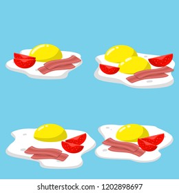 Delicious scrambled eggs with yolk. A nutritious and healthy Breakfast. Simple cooking with tomato, bacon
