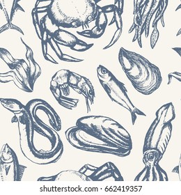 Delicious Seafood - black and white vector hand drawn seamless pattern. Realistic alga, seaweed, squid, crab, shrimp, mussel, giant scallop, oyster, tuna, grog, eel, sprat, fish. Promote your diner