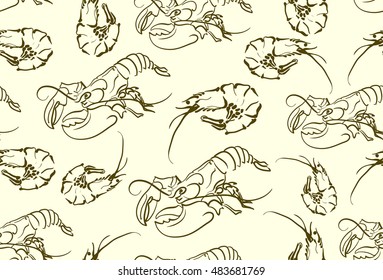 Delicious seafood characters seamless background with pattern of atlantic shrimps, prawns and lobsters
