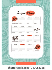 Delicious Seafood - color vector hand drawn vintage template menu with copy space. Realistic alga, seaweed, squid, crab, shrimp, mussel, giant scallop, oyster, tuna, fish, grog, eel, sprat, fish.