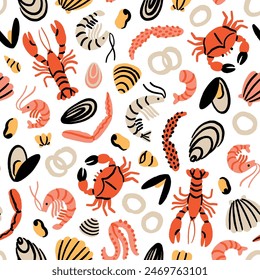 Delicious seafood doodles with various crustaceans, shells and mussels. Vector seamless food theme pattern, isolated on white background