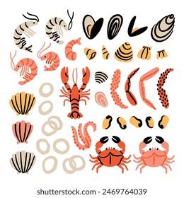 Delicious seafood doodles with various crustaceans, shells and mussels. Vector clip art food theme illustrations set, isolated on white background