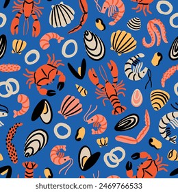 Delicious seafood doodles with various crustaceans, shells and mussels. Vector seamless food theme pattern, isolated on blue background