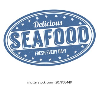 Delicious seafood grunge rubber stamp on white, vector illustration