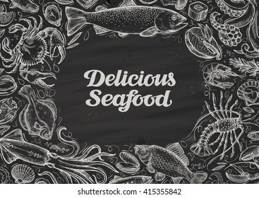 delicious seafood. hand drawn food on chalkboard. template design menu restaurant or cafe