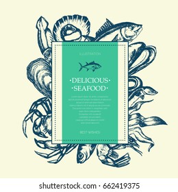 Delicious Seafood - modern vector hand drawn square postcard template with copy space. Realistic alga, seaweed, squid, crab, shrimp, mussel, giant scallop, oyster, tuna, grog, eel, sprat, fish.