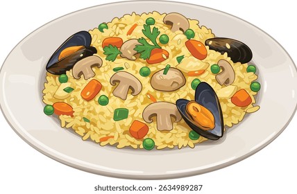 Delicious Seafood Paella with Mussels, Mushrooms, and Vegetables