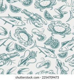 Delicious seafood pattern seamless monochrome fresh healthy fish and crabs with crayfish for eating with lemon and mussels vector illustration