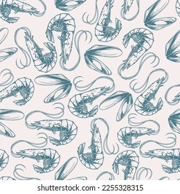 Delicious seafood pattern seamless monochrome shrimps and mussels for menu cafe on ocean or restaurant with fresh fish vector illustration