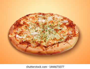 Delicious seafood pizza with cheese and rich ingredients in 3d illustration