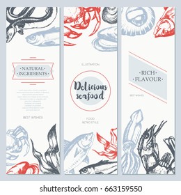 Delicious Seafood - three piece color vector hand drawn square banner template with copy space. Realistic alga, seaweed, squid, crab, shrimp, mussel, giant scallop, oyster, tuna, grog, eel, sprat