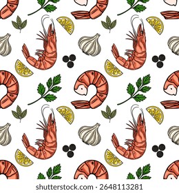 Delicioso Vetor De Frutos Do Mar Padrão: Um Design Vibrante Repetitivo Com Camarão Grelhado, Limão, Alho, Salsa E Peppercorns.