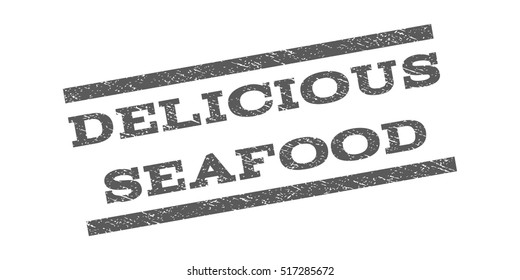 Delicious Seafood watermark stamp. Text tag between parallel lines with grunge design style. Rubber seal stamp with dirty texture. Vector color ink imprint on a white background.