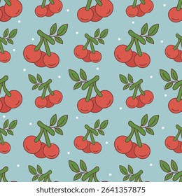 Delicious seamless Cherry Fruit Pattern - Retro Flat Vector Design on Blue Background. Retro-inspired fruit design is perfect for kitchen decor, food packaging, fabric prints, wallpaper