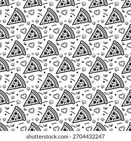 Köstliches, nahtloses italienisches Pizzamuster. Perfekt für Restaurant-Dekoration, Tischdecken, Verpackungen und Food-Blog-Hintergründe. Klassische italienische Küche Illustration.