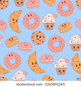 Delicious seamless pattern with cute bakery and cookie characters on blue background. Vector Illustration for wallpaper, design, textile, packaging, decor, kids collection