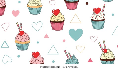 Delicioso patrón transparente con cupcakes con corazones, cerezas y chispas, perfecto para la marca de panadería y celebraciones dulces.