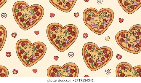 Delicioso padrão sem emenda com fatias de pizza de pepperoni em forma de coração e pequenos corações em um fundo de creme quente.