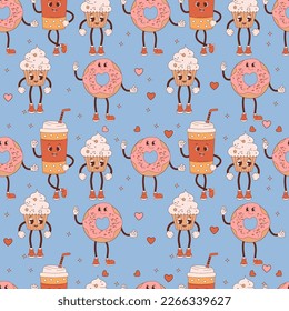 Delicious seamless pattern with retro vintage cartoon characters food and drink. Cute glass of coffee, donut and cupcake on blue background. Vector illustration. Funny sweet kids collection