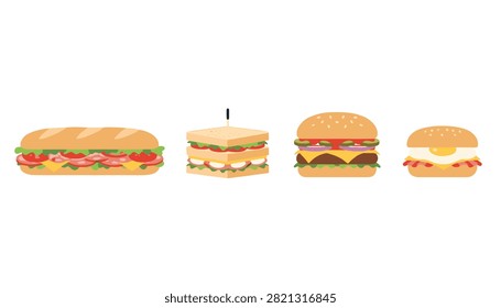 Delicious selection of four popular sandwich types including a long baguette sub, a club sandwich, and a classic burger.